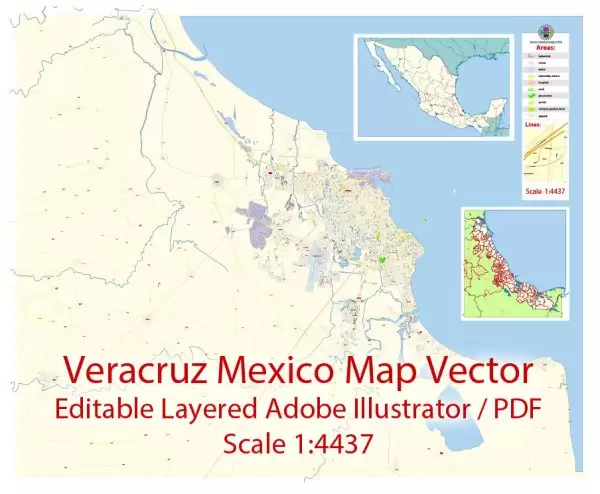 Veracruz Map Vector Exact City Plan Mexico detailed Street Map editable Adobe Illustrator in layers