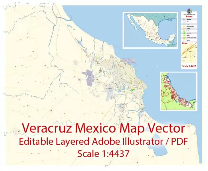 Veracruz Map Vector Exact City Plan Mexico detailed Street Map editable Adobe Illustrator in layers