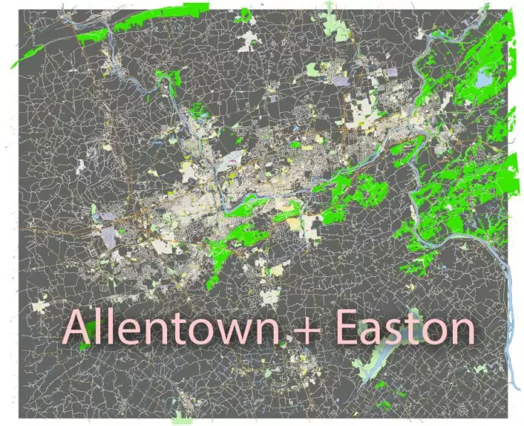 Allentown + Easton Pennsylvania US: Free download vector map of Allentown + Easton Pennsylvania in Ai, PDF, SVG