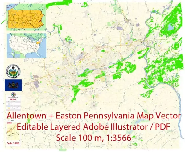 Allentown and Easton Pennsylvania Map Vector Exact City Plan detailed Street Map editable Adobe Illustrator in layers