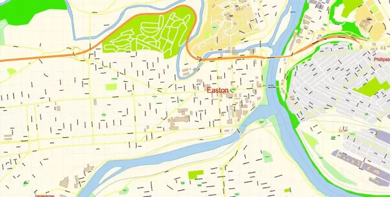 Allentown and Easton Pennsylvania Map Vector Exact City Plan detailed Street Map editable Adobe Illustrator in layers