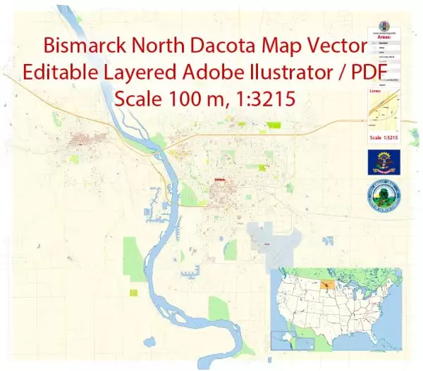 Bismarck North Dakota Map Vector Exact City Plan detailed Street Map editable Adobe Illustrator in layers