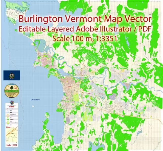 Burlington Vermont Map Vector Exact City Plan detailed Street Map editable Adobe Illustrator in layers