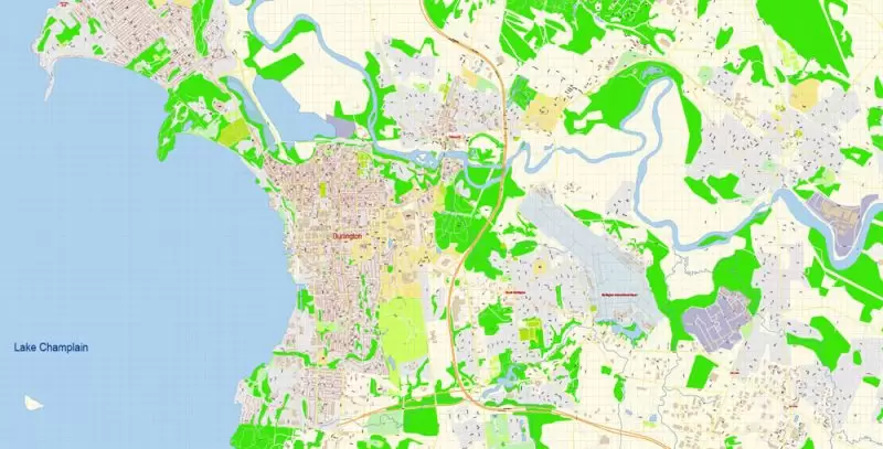 Burlington Vermont Map Vector Exact City Plan detailed Street Map editable Adobe Illustrator in layers