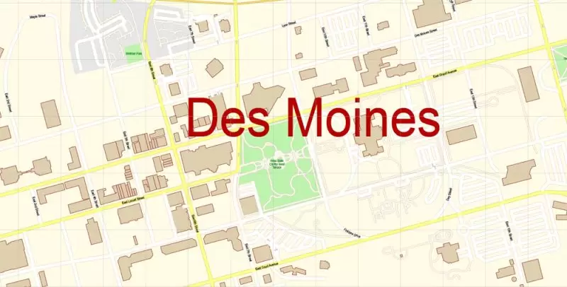 Des Moines Iowa US Map Vector Exact City Plan detailed Street Map editable Adobe Illustrator in layers