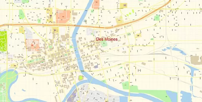 Des Moines Iowa Map Vector Exact City Plan detailed Street Map editable Adobe Illustrator in layers
