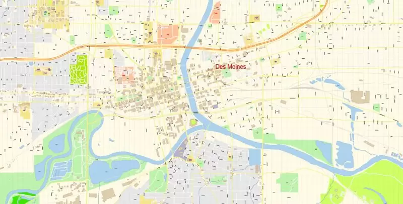 Des Moines Iowa Map Vector Exact City Plan detailed Street Map editable Adobe Illustrator in layers