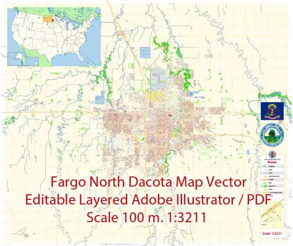 Fargo North Dakota Map Vector Exact City Plan detailed Street Map editable Adobe Illustrator in layers