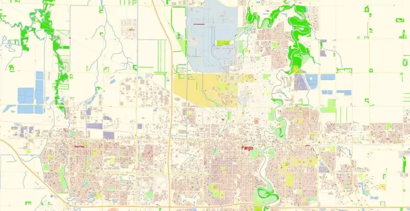 Fargo North Dakota Map Vector Exact City Plan detailed Street Map editable Adobe Illustrator in layers