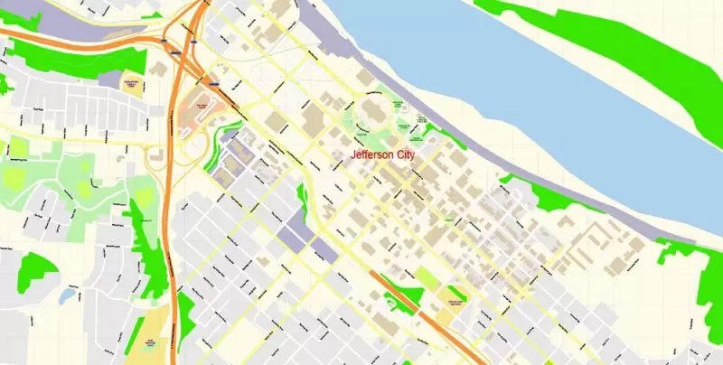Jefferson City Missouri Map Vector Exact City Plan detailed Street Map editable Adobe Illustrator in layers
