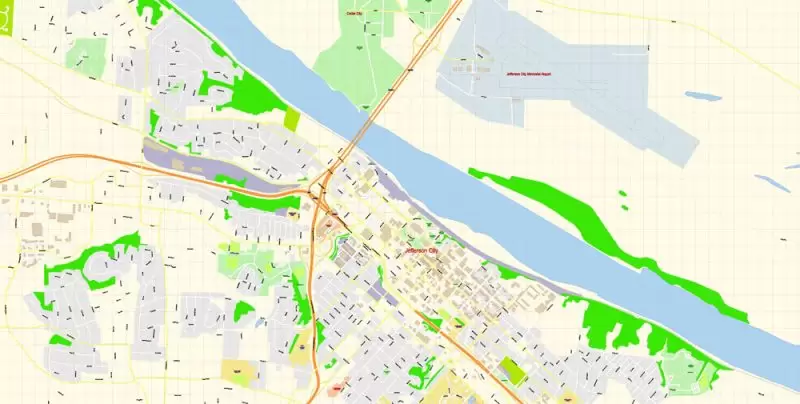 Jefferson City Missouri Map Vector Exact City Plan detailed Street Map editable Adobe Illustrator in layers