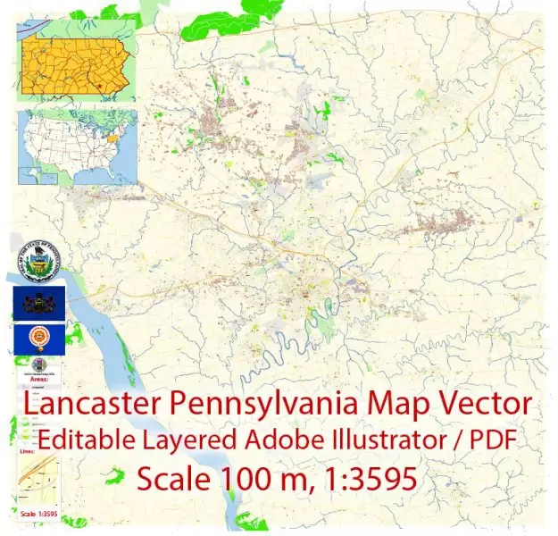 Lancaster Pennsylvania Map Vector Exact City Plan detailed Street Map editable Adobe Illustrator in layers