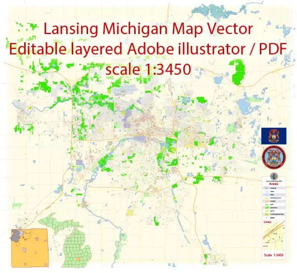 Lansing Michigan Map Vector Exact City Plan detailed Street Map editable Adobe Illustrator in layers