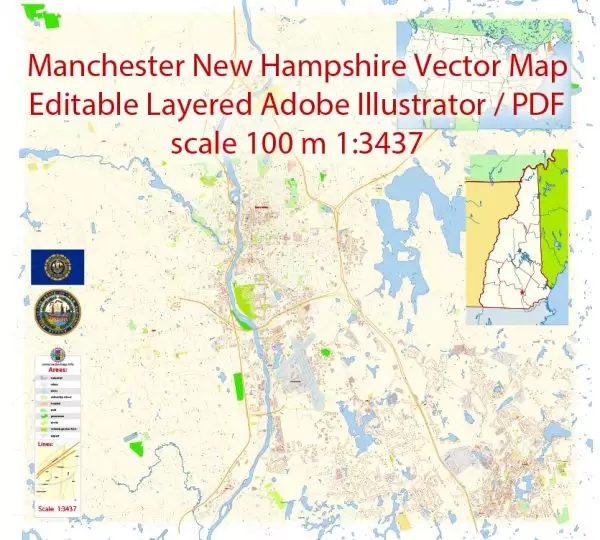 Manchester New Hampshire Map Vector Exact City Plan detailed Street Map editable Adobe Illustrator in layers