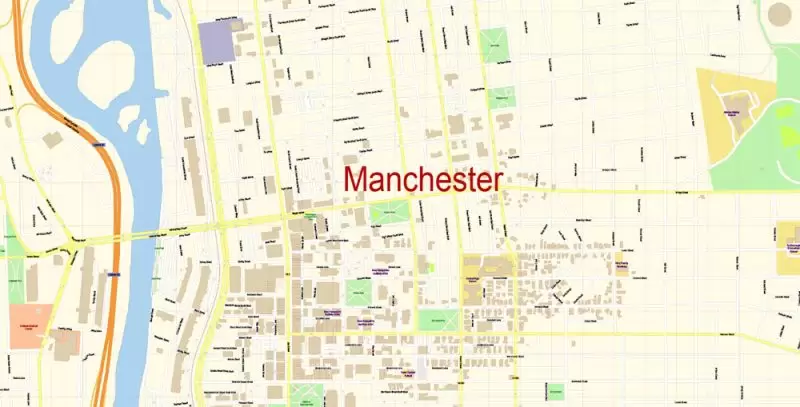 Manchester New Hampshire Map Vector Exact City Plan detailed Street Map editable Adobe Illustrator in layers