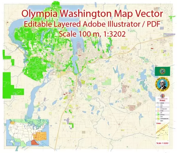 Olympia Washington Map Vector Exact City Plan detailed Street Map editable Adobe Illustrator in layers