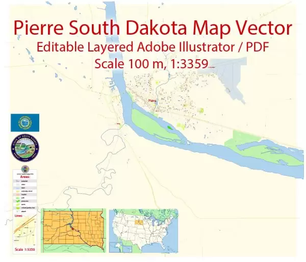 Pierre South Dakota Map Vector Exact City Plan detailed Street Map editable Adobe Illustrator in layers