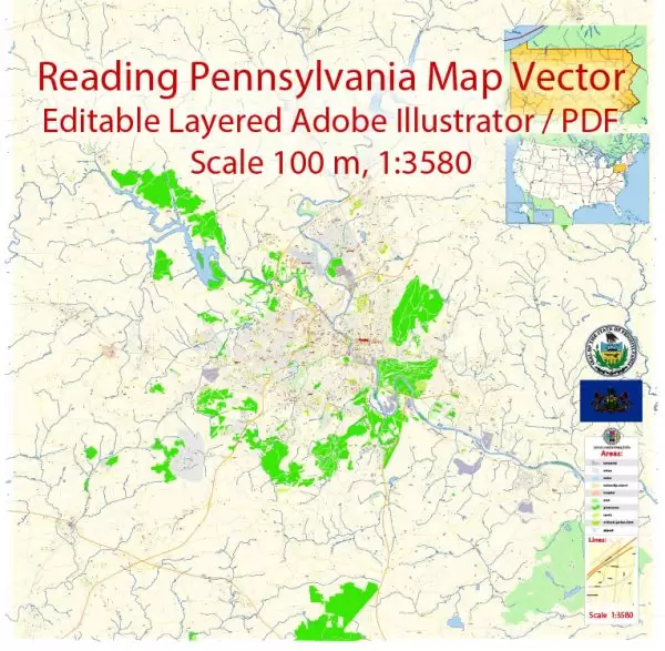 Reading Pennsylvania Map Vector Exact City Plan detailed Street Map editable Adobe Illustrator in layers