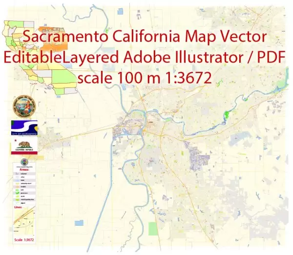 Sacramento California Map Vector Exact City Plan detailed Street Map editable Adobe Illustrator in layers