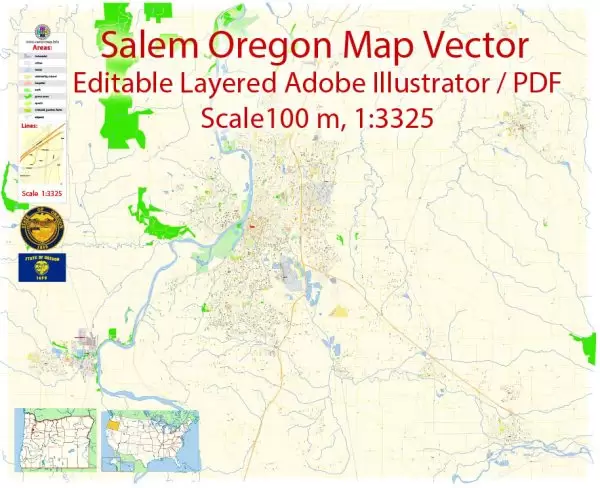 Salem Oregon Map Vector Exact City Plan detailed Street Map editable Adobe Illustrator in layers