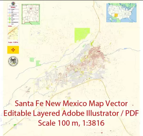 Santa Fe New Mexico Map Vector Exact City Plan detailed Street Map editable Adobe Illustrator in layers
