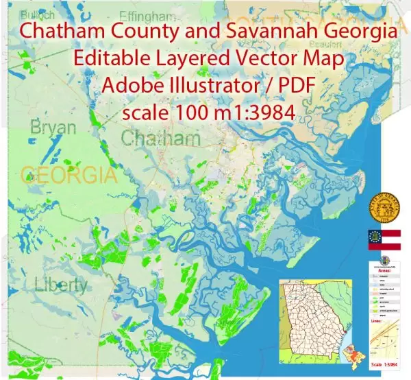 Savannah Chatham County Georgia Map Vector Exact City Plan detailed Street Map + Admin + ZIPcodes Map editable Adobe Illustrator in layers