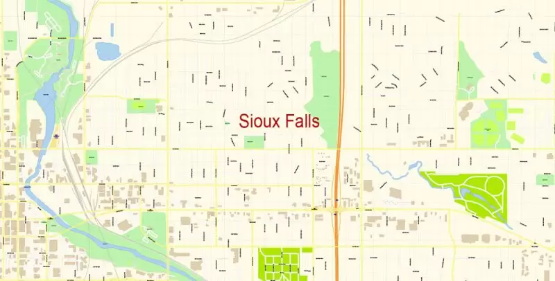Sioux Falls South Dakota Map Vector Exact City Plan detailed Street Map editable Adobe Illustrator in layers
