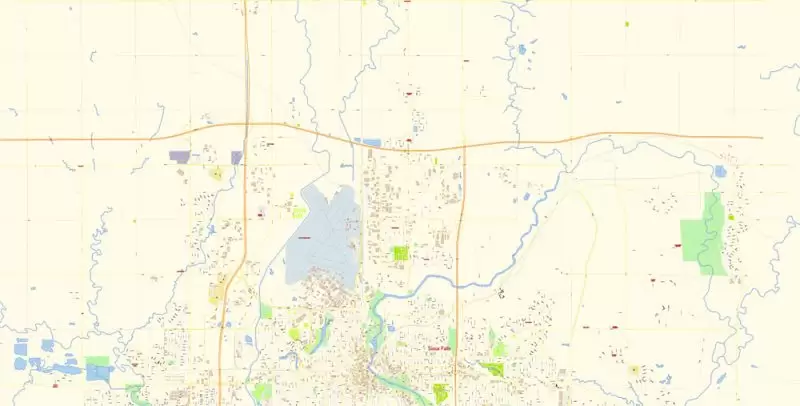 Sioux Falls South Dakota Map Vector Exact City Plan detailed Street Map editable Adobe Illustrator in layers