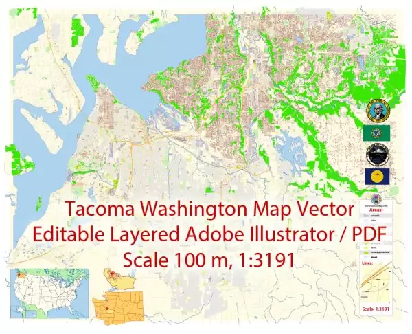 Tacoma Washington Map Vector Exact City Plan detailed Street Map editable Adobe Illustrator in layers