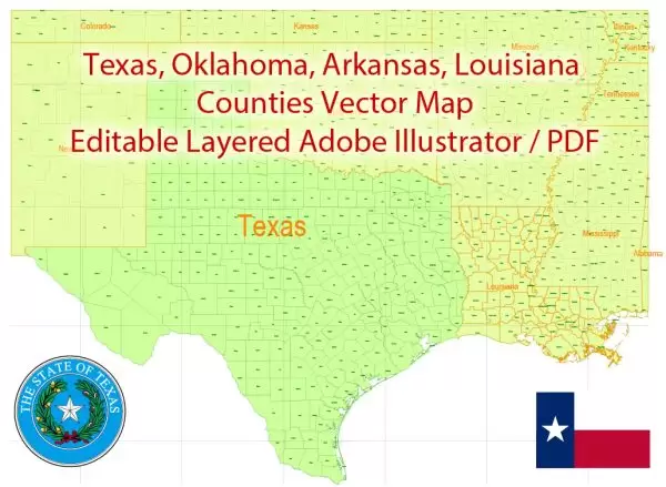 Texas + Louisiana Counties Map Vector Exact State Plan detailed Admin Map editable Adobe Illustrator in layers