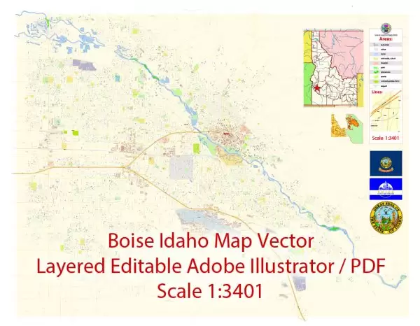 Boise Idaho Map Vector Exact City Plan detailed Street Map editable Adobe Illustrator in layers
