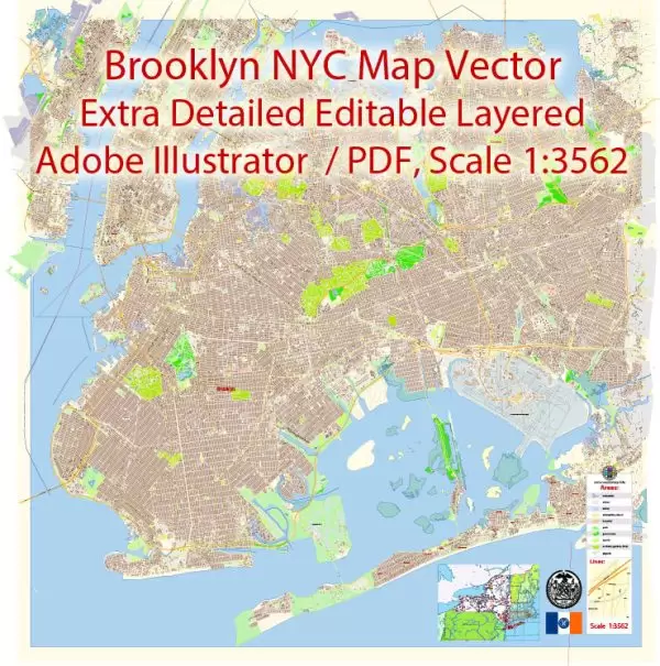 Brooklyn New York Map Vector Exact City Plan extra detailed Street Map editable Adobe Illustrator in layers