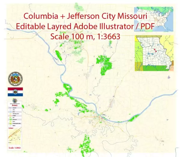 Columbia Jefferson City Missouri Map Vector Exact City Plan detailed Street Map editable Adobe Illustrator in layers