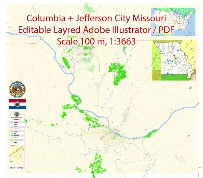 Columbia Jefferson City Missouri Map Vector Exact City Plan detailed Street Map editable Adobe Illustrator in layers