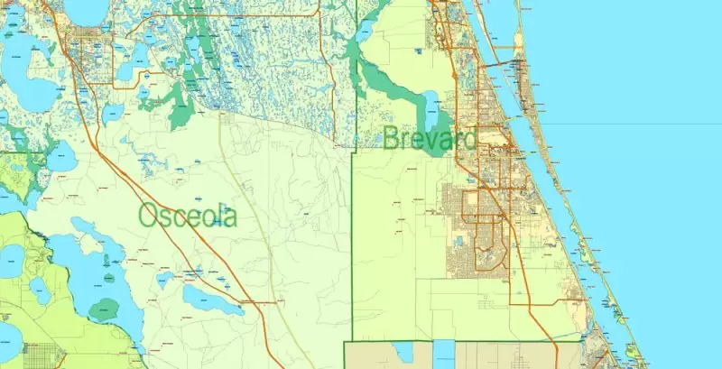 Florida State Vector Map exact extra detailed All Roads, Cities and Counties map editable Layered Adobe Illustrator