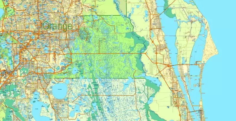 Florida State Vector Map exact extra detailed All Roads, Cities and Counties map editable Layered Adobe Illustrator