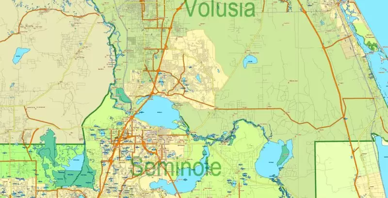 Florida State Vector Map exact extra detailed All Roads, Cities and Counties map editable Layered Adobe Illustrator