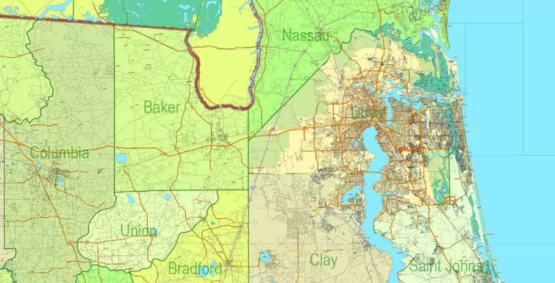 Florida State Vector Map exact extra detailed All Roads, Cities and Counties map editable Layered Adobe Illustrator