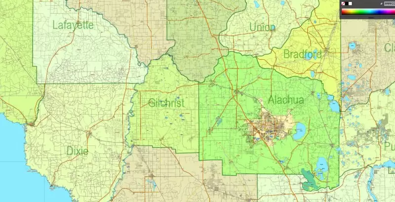 Florida State Vector Map exact extra detailed All Roads, Cities and Counties map editable Layered Adobe Illustrator