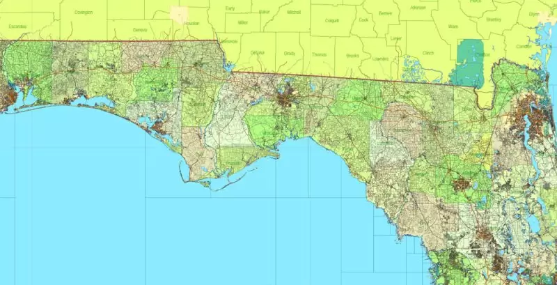 Florida State Vector Map exact extra detailed All Roads, Cities and Counties map editable Layered Adobe Illustrator