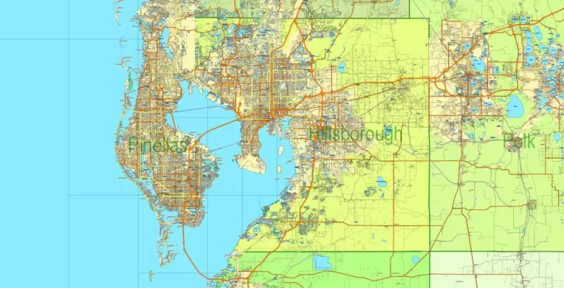 Florida State Vector Map exact extra detailed All Roads, Cities and Counties map editable Layered Adobe Illustrator