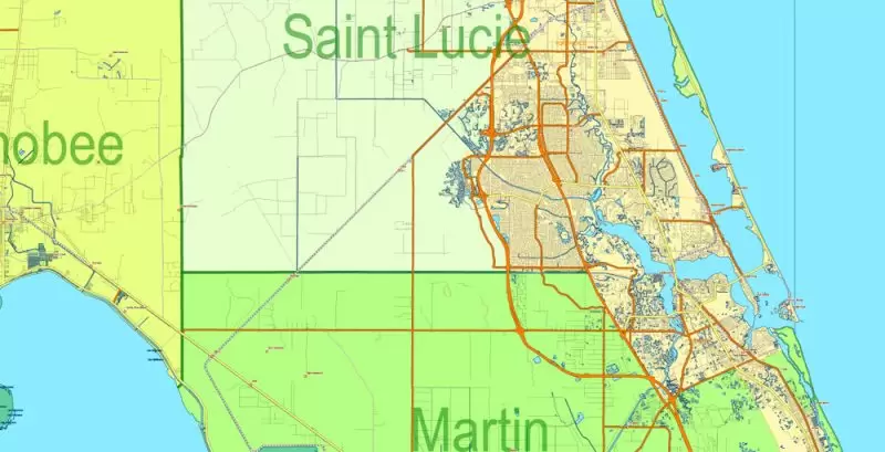 Florida State Vector Map exact extra detailed All Roads, Cities and Counties map editable Layered Adobe Illustrator