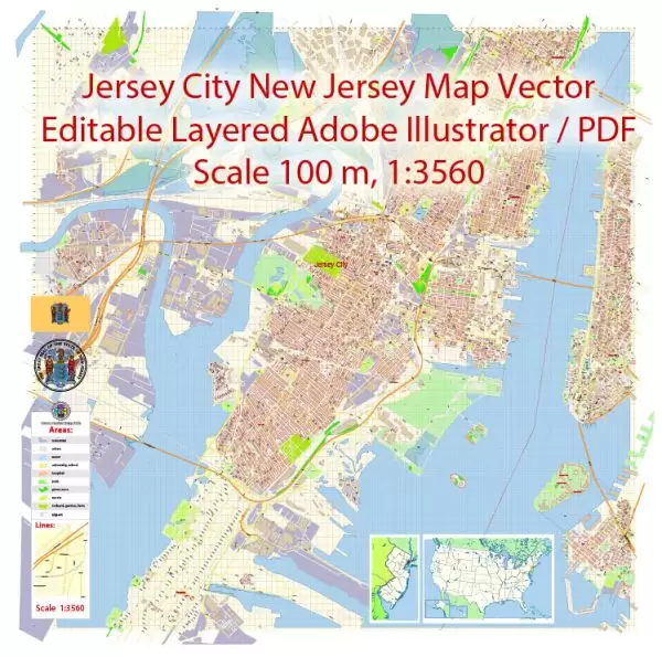Jersey City New Jersey Map Vector Exact City Plan detailed Street Map editable Adobe Illustrator in layers