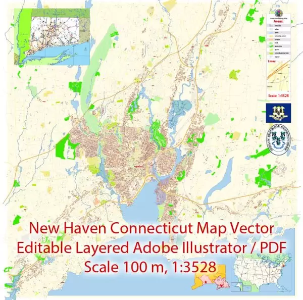 New Haven Connecticut Map Vector Exact City Plan detailed Street Map editable Adobe Illustrator in layers