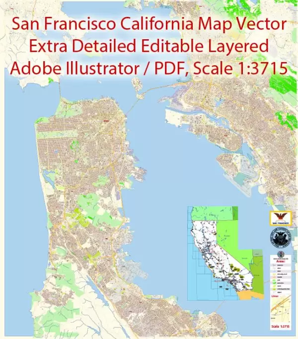 San Francisco + Oakland California Map Vector Exact City Plan extra detailed Street Map editable Adobe Illustrator in layers