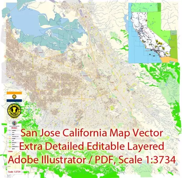 San Jose California Map Vector Exact City Plan extra detailed Street Map editable Adobe Illustrator in layers