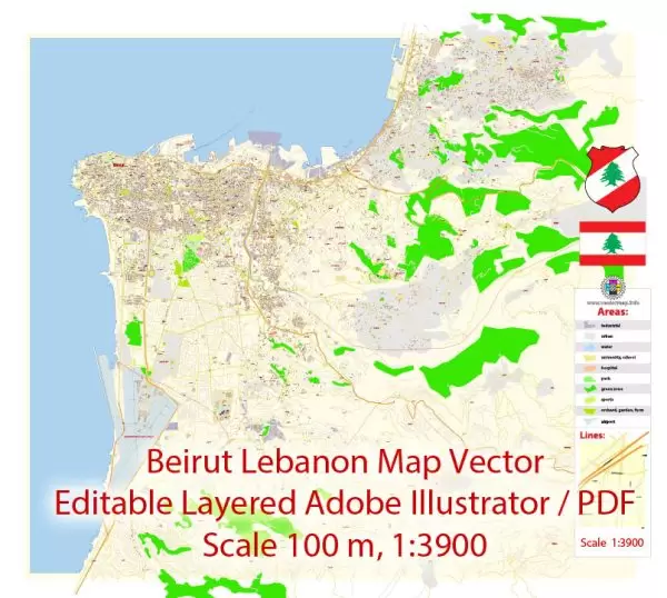 Beirut Lebanon Map Vector Exact City Plan detailed Street Map editable Adobe Illustrator in layers