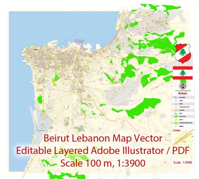 Beirut Lebanon Map Vector Exact City Plan detailed Street Map editable Adobe Illustrator in layers