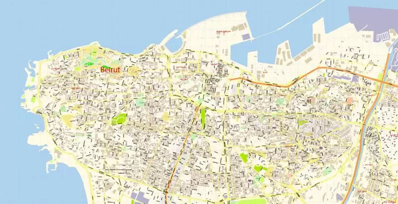 Beirut Lebanon Map Vector Exact City Plan detailed Street Map editable Adobe Illustrator in layers