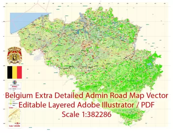 Belgium 01 Map Vector Exact Plan Extra Detailed Road Admin Map editable Adobe Illustrator in layers